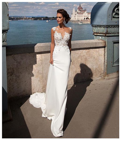 

boho mermaid wedding dress 2019 see through neck appliques chiffon bride dress long train wedding gown for women, White