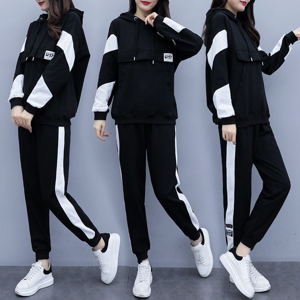 

women's tracksuits 2021 autumn hooded pullover long pants 2 piece set women letter stripe plus size loose two suits female tracksuit, Gray