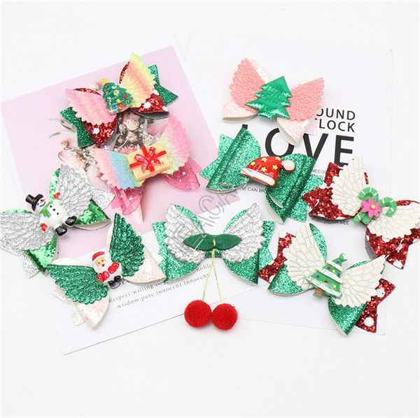 

2020 kids hairpin christmas ornaments santa bow hairpi bows cartoon glitter powder children hairpin hair accessories barrettes d82405, Slivery;white
