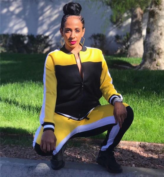 

crew neck set fashion 2ps pants sports contrast color cardigan clothing womens designer panelled two piece sets, White