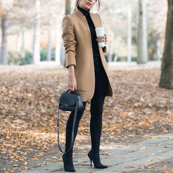 

women plus size s-5xl coats autumn winter wool blends classic simple wool long coat lady robe outerwear, Black