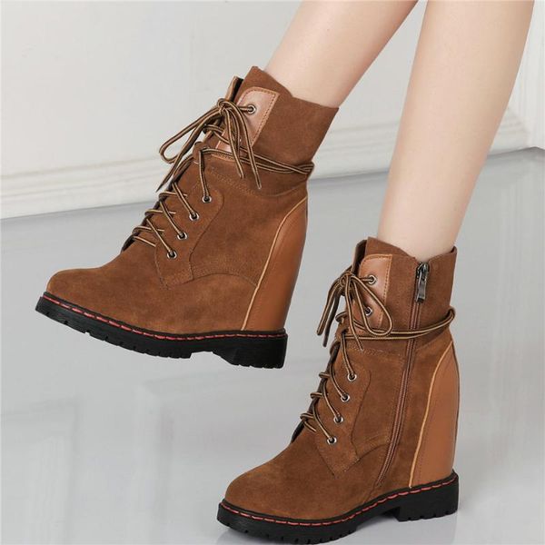 

oxfords shoes women lace up genuine leather high heel platform pumps shoes female high round toe ankle boots casual, Black