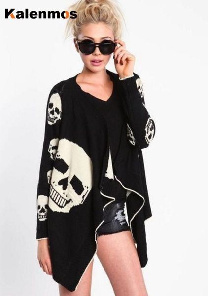 

kalenmos long coat women spring autumn ropa printed skull cardigan coat gothic black punk style women thin jacket plus size, Black;brown
