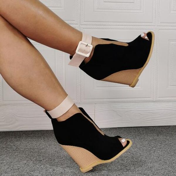 

dipsloot fashion woman black suede v shape wedge pumps casual peep toe big buckle high heel pumps shoes lady big size drop ship