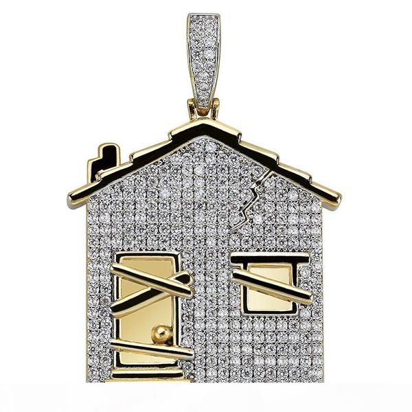 

iced out 14k gold plated house shape pendant necklace micro paved zircon men hip hop jewelry, Silver