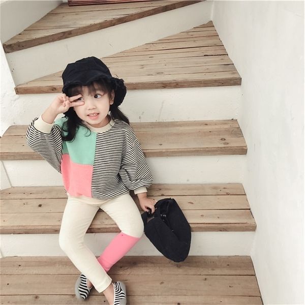 

spring cotton baby girls splicing clothes sets kids long sleeve striped long sleeve t shirt + leggings 2 pcs suits, White