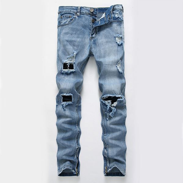 

men jeans hole casual luxury fashion cotton ripped jeans male hip hop pants straight for men denim new trousers, Blue