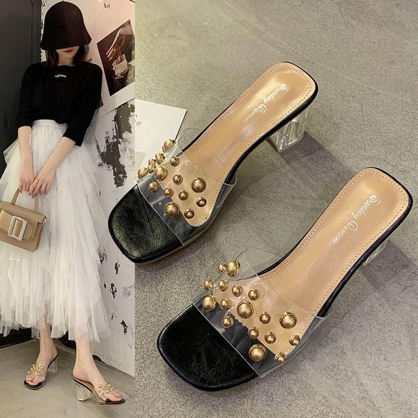 

string bead transparent square heel high heels slippers women 2020 summer shoes woman wild open toe sweet ladies shoes female, Black