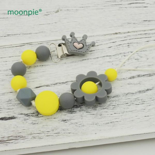 

yellow and grey silicone beads baby crown pacifier clips, infant pacifier chain baby soother, silicone flower bsp27
