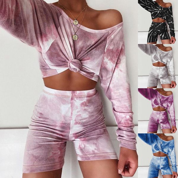 

women's tracksuits women two piece set vogue shorts and long sleeve tshirts o neck gradient color print ladies casual home wear outfits, Gray