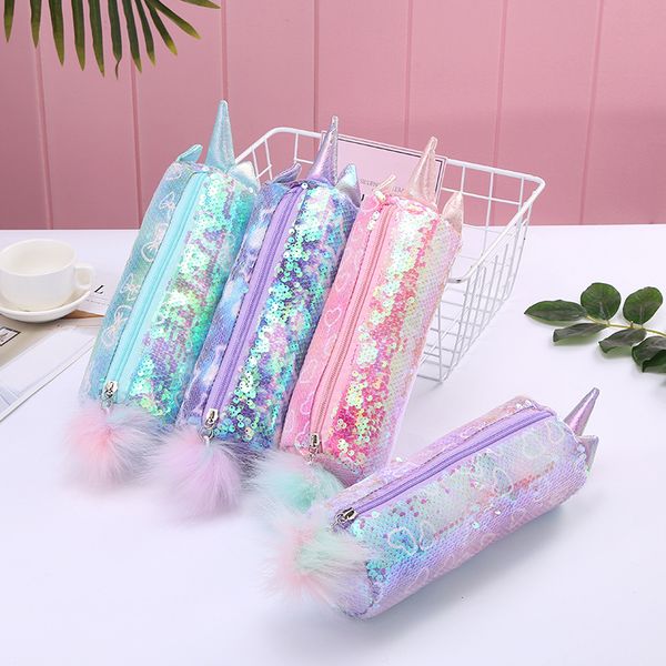 

glitter cosmetic storage bag portable cute animal sequin pencil case holder with big pompom zip closure