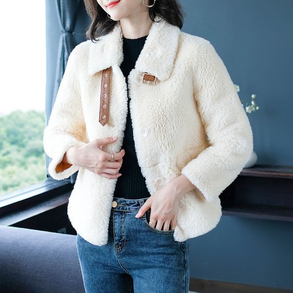 

winter women real lambswool fur overcoats luxury short casual thick warm plus size female 2020 white ship, Black