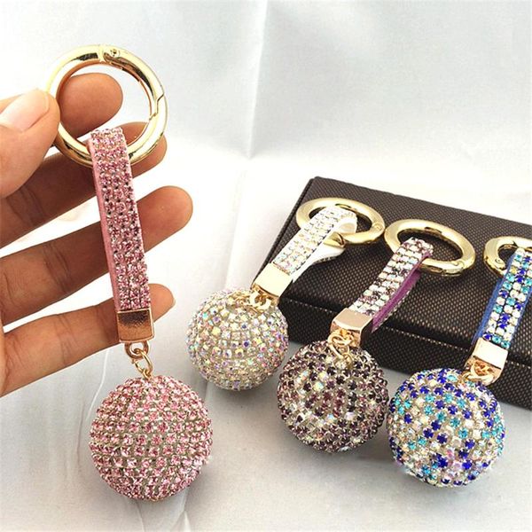 

keychains full rhinestone pu leather strap crystal disco ball car bag keychain charm pendant key ring for women men, Silver