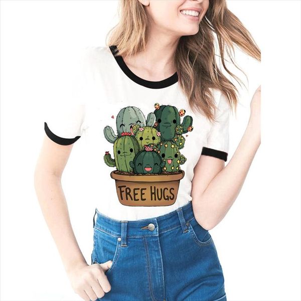 

женщины рубашки лето стиль мода женщины тенниска cute cactus free hugs v шеи дизайн печати футболка casual топы cute тис, White