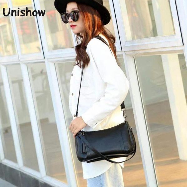 

unishow genuine leather women shoulder bag tassel cow leather women handbag brand designer casual female crossbody bags