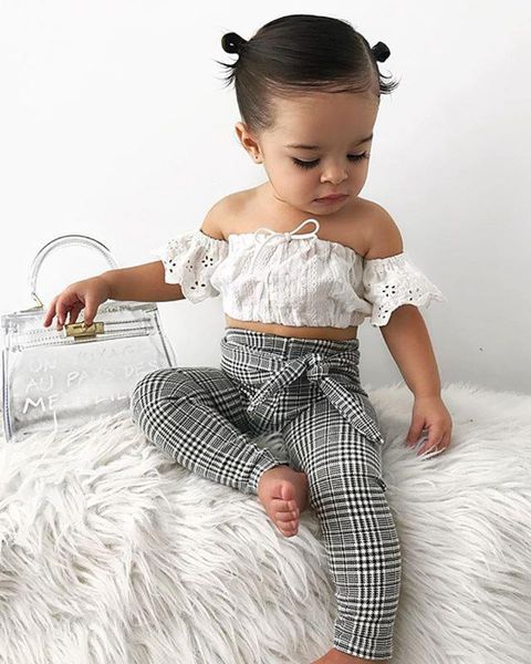 

2-7t toddler baby girls clothes set summer white off shoulder lace and long plaid pants cute lovely sweet streetwear outfits