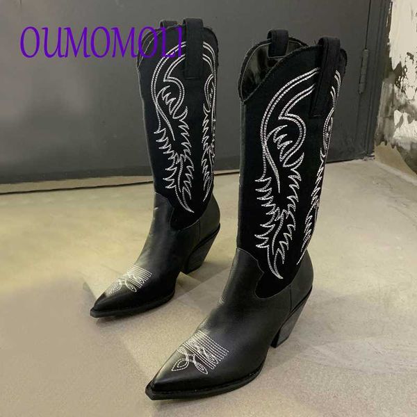

western cowboy boots for women pointed toe women's shoes embossing pu leather shoes knee-high boots chunky wedges v139, Black
