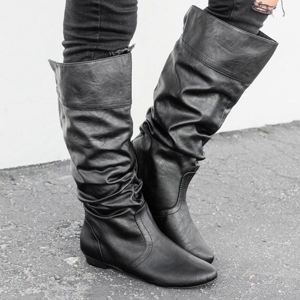 

fashion ladies round head long boots female boots casual fashion women autumn winter temperament shoes, Black