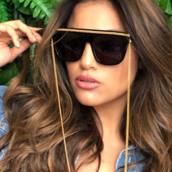 

new arrival 2020 square oversized sunglasses retro metal chain decoration sun glasses flat shades uv400, White;black