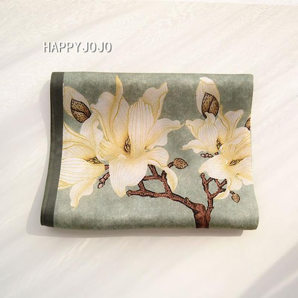 

chinese classic natural silk printed long gray scarf for women with magnolia picture real silk wrap shawl bandana gift for lady, Blue;gray