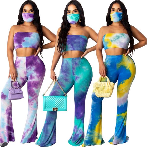

women tie dye set summer breast wrap high waist slim boot cut pants famale designer two piece pants, White