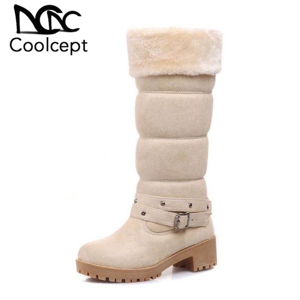 

coolcept winter knee high snow boots women plush fur keep warm cotton shoes women high heels buckle platform boots size 35-43, Black