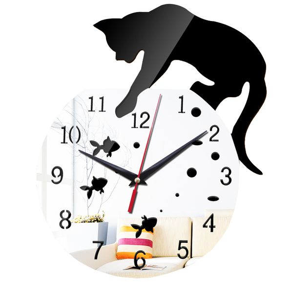 

wall clock acrylic mirror living room mute running naughty cat unique durable