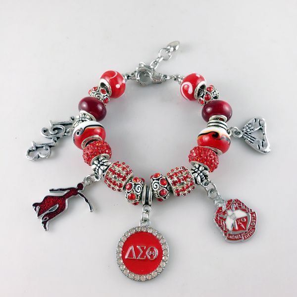 

new red bead delta sigma theta sorority founder lady heart handsign dst charm bracelet jewelry gift for women, Golden;silver