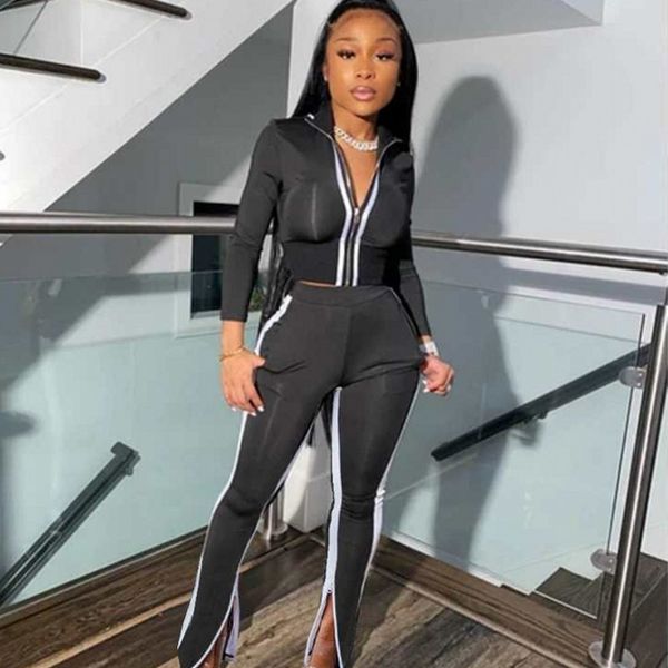

autumn new two piece set women zipper crop and high waist split skinny pant set casual stripe patchwork sportswear 2 pcs, Gray