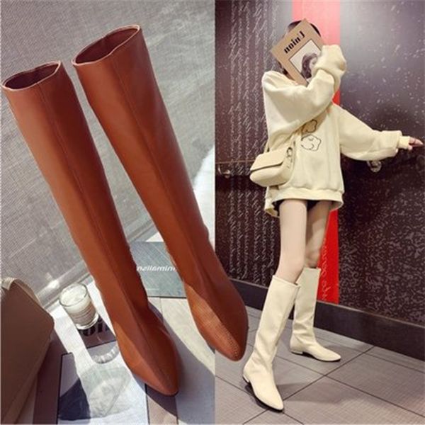 

spring autumn lady fashion casual long boots pointed toe leather comfortable slip on women near knee boots botas mujer orange, Black