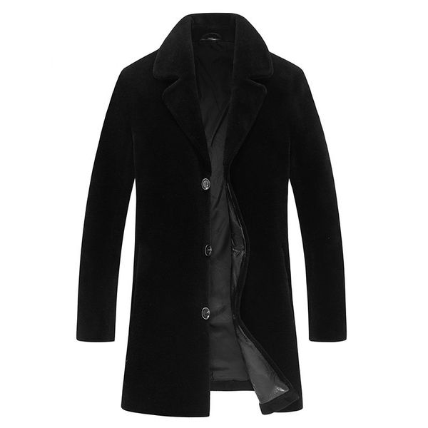 

men's leather & faux 100%wool winter men natural sheep shearling fur thick plus size coat long jacket aw9939 my758, Black