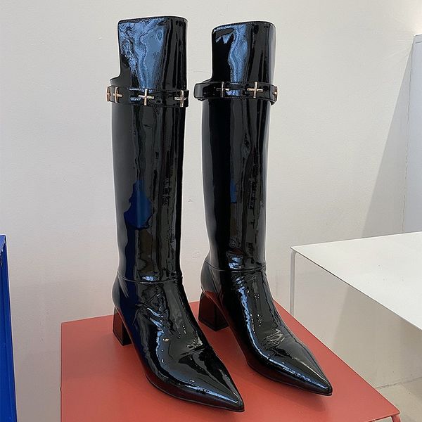 

new brand women knee high boots square med heels pointed toe black dress work shoes woman fashion cow leather long boots 34-40