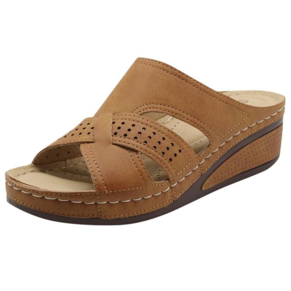 

fashion 2020 the sandals solid color thick bottom wedge heel round toe sandals beach shoes european women's shoes d2#2, Black