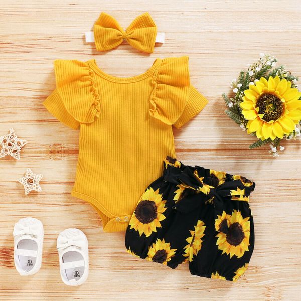 

clothing sets born baby girl short sleeve ruffle romper sunflower shorts 3pcs clothes set with headband outfit, White