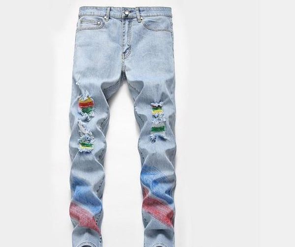 

printed ripped jeans fashion designer summer zipper leisure pencil pants mid waist jeans mens designer striped, Blue