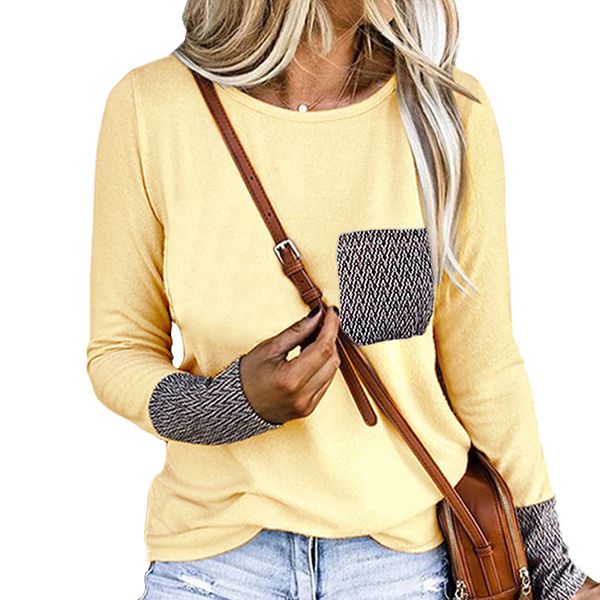 

women's t-shirt plus size splicing pullover autumn pocket o-neck long sleeve t-shirts casual street bottoming t shirt black white