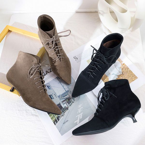 

2020 autumn winter ankle boots women shoes solid black beige lace-up pointed toe elegant thin high heels women boots cx200820