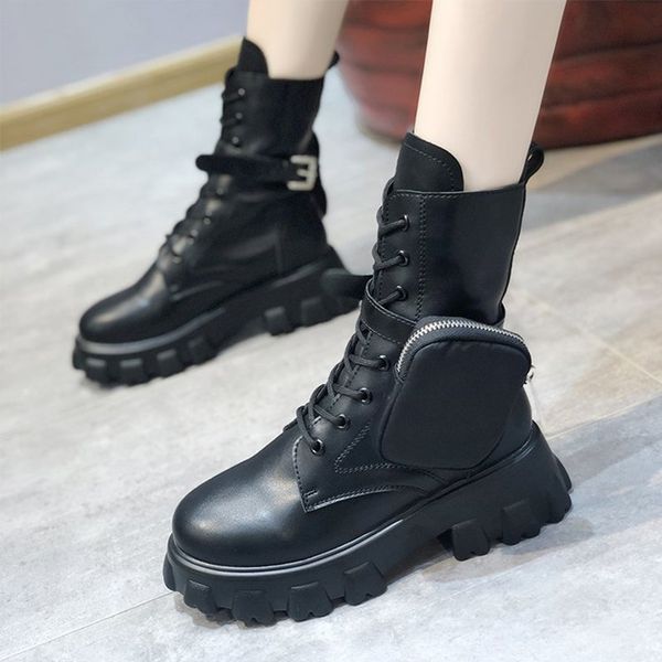 

women boots motorcycle boot autumn mid calf ladies fashion pu leather pocket lace up platform female footwear 2020 woman, Black