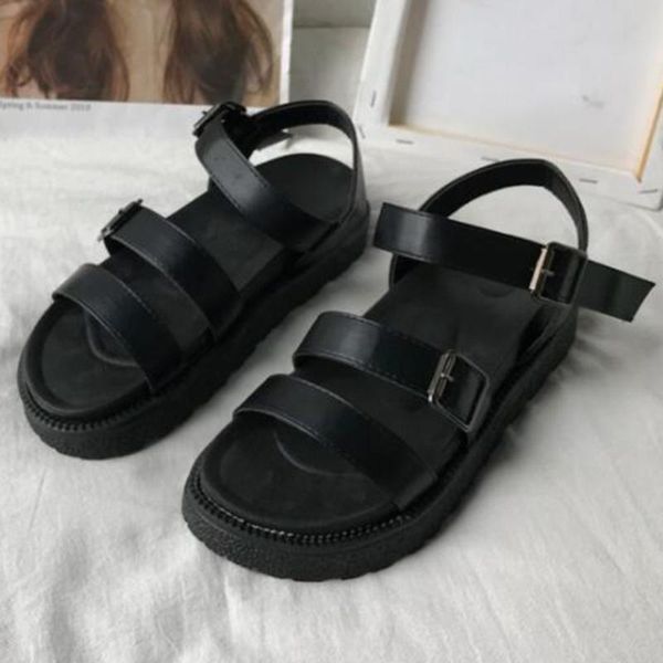 

летний рим женщины сандалии новые твердая ретро pu кожа открытым носком сандалии случайные плоские одно слово пряжка ремешка бич обувь fa366, Black