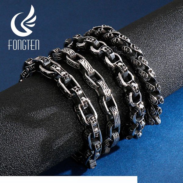 

fongten vintage skull engraved cuff silver bracelet men link chain stainless steel hip hop skeleton head bracelets jewelry, Golden;silver