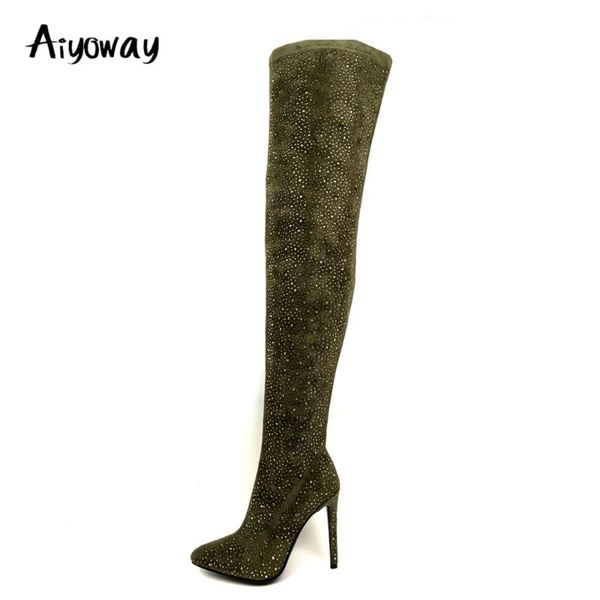 

aiyoway women over knee boots crystal shaft autumn winter ladies high heel stiletto long boots side zip army green big size 5-15, Black