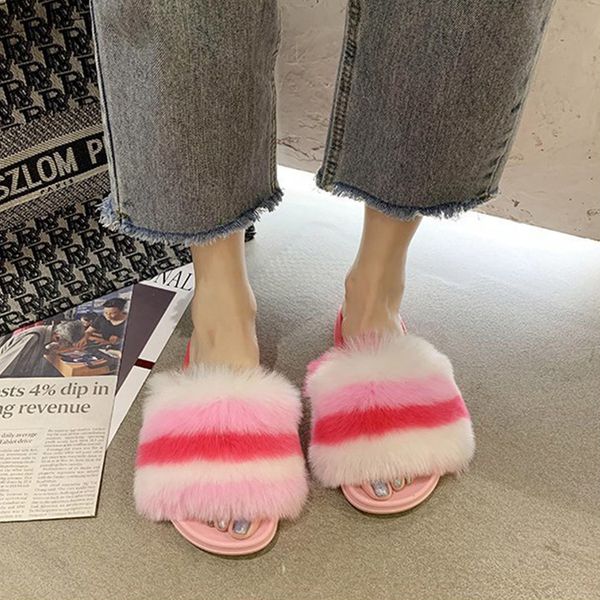 

women's fur home slippers 2020 woman mixed color plush slide women comfortable shoes ladies casual slip on flats plus size 36-41, Black
