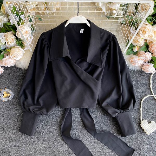

autumn 2020 new lady's shirt women fashion retro court long puff sleeve short shirt solid color casual blouse n865, White