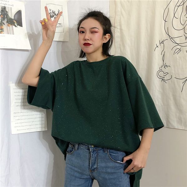 

women's western-style bottoming shirt fashion all-match loose and shiny short-sleeved t-shirt women's summer street women t, White