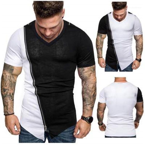 

hop tshirt clothing designer men tees hit color shoulder short sleeve new fashion zipper mens tshirts summer streetwear diagonal hem hip, White;black