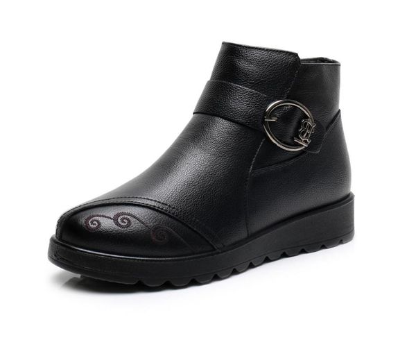 

boots snow women warm plush leather winter fashion female flat ankle comfortable boot shoes botas mujer, Black