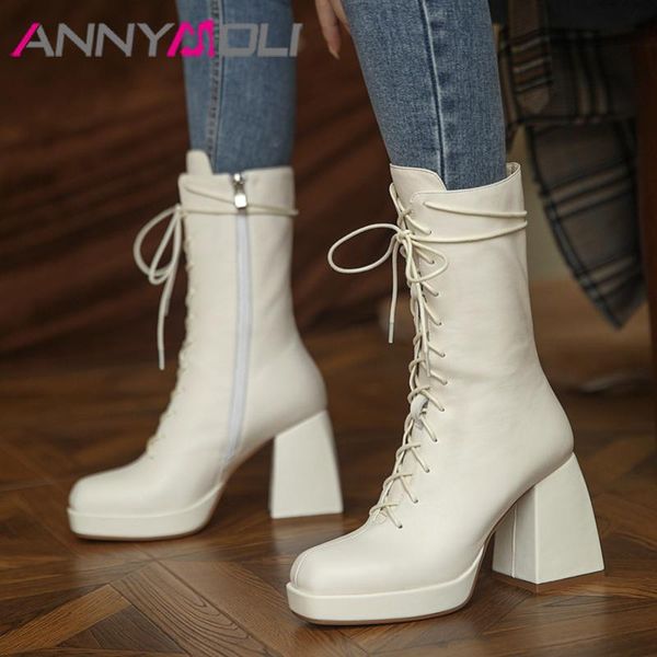 

annymoli genuine leather platform extreme high heel mid calf boots women shoes thick heels zip lace up fashion lady boots beige, Black