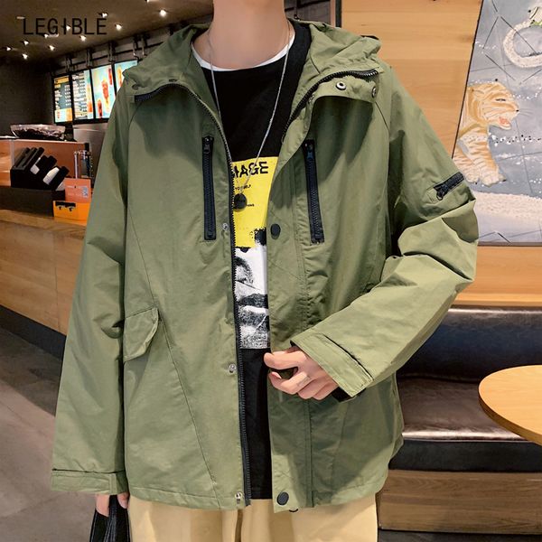 

legible long sleeved jacket men harajuku windbreaker jackets hooded hip-hop streetwear zipper coats, Black;brown