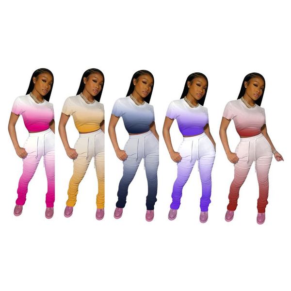 

kili gradient two piece set women tracksuit summer crop and stacked leggings pants 2 piece outfits sweat suits, Gray