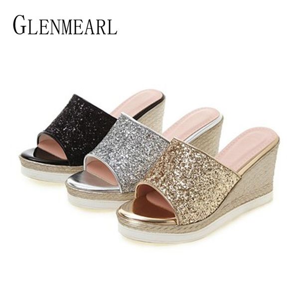 

women slippers wedge heel women shoes brand female slippers outside dress fish mouth shoes partys large size 43 new arrival de, Black
